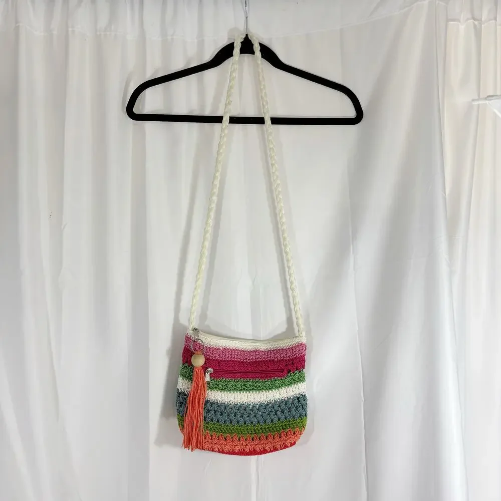 Croft & Barrow Crochet Purse Rainbow Tote Braided Crossbody Strap Boho Bag - Picture 2 of 5